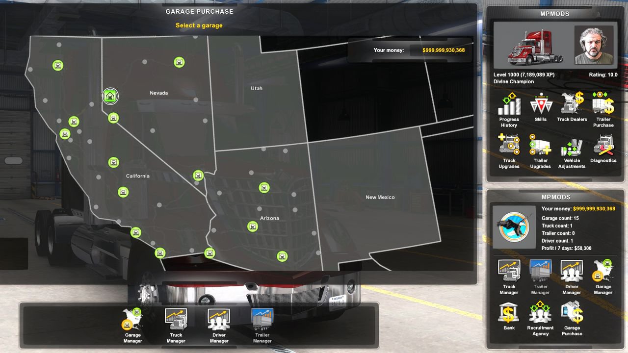 Фул карта. American Truck Simulator карта гаражей. Карта гаражей в Американ трак симулятор. Американ трак симулятор 2 карта. American Truck Simulator карта DLC.